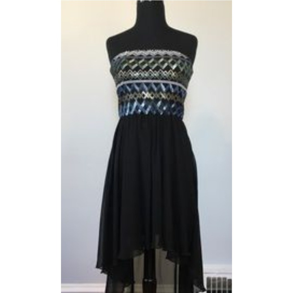 As You Wish Sequin Low Dress Black Gold Blue Tribal Embellished Chiffon #207 - Picture 1 of 10